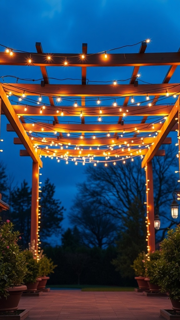 A wooden pergola adorned with string lights, creating a warm atmosphere in a garden.