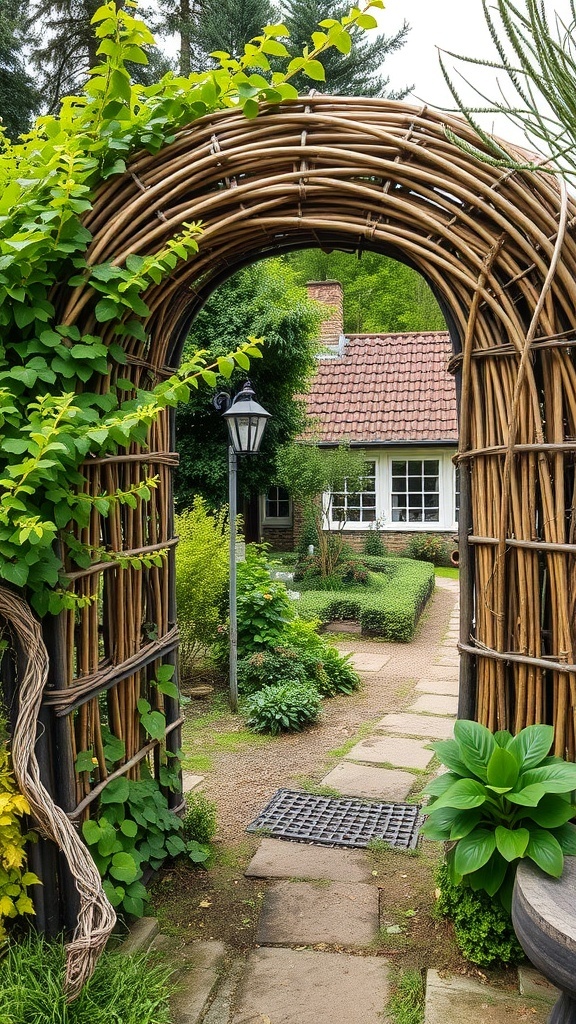 A woven willow fence archway leading into a lush garden