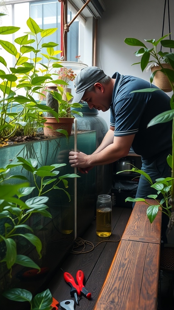 A person tending to an indoor water garden, surrounded by green plants and tools.