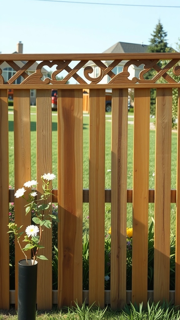 Wooden privacy fence with a decorative lattice topper and flowers in front