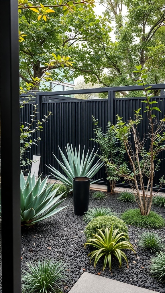 A modern garden with a black metal fence, featuring various plants and gravel.