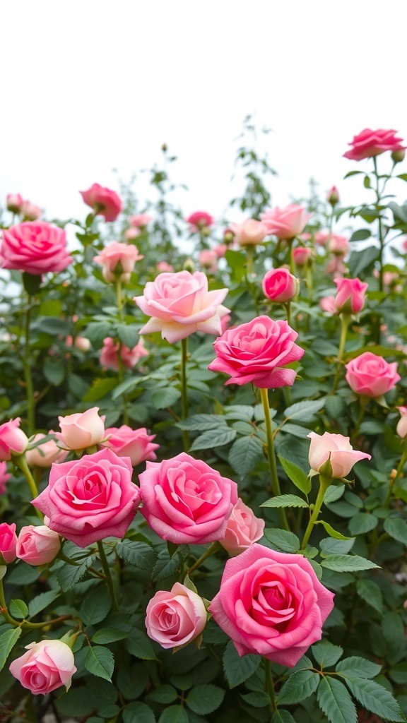 A vibrant garden filled with pink roses in various shades.