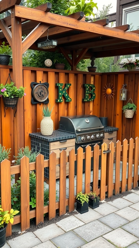 A cozy garden BBQ area with a wooden decorative fence, grill, and hanging plants.