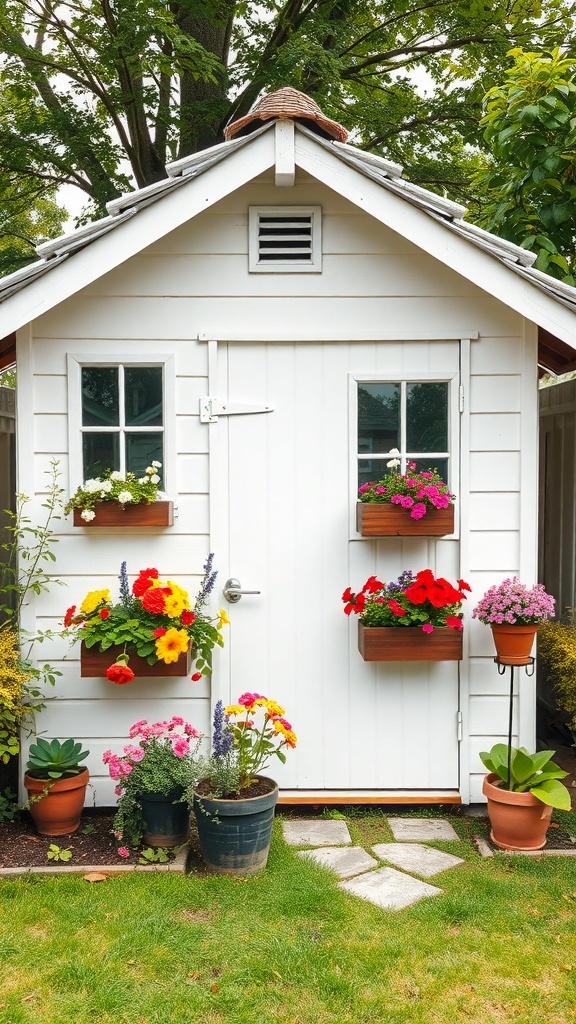 A cozy white garden shed with flower boxes filled with colorful flowers, surrounded by greenery.