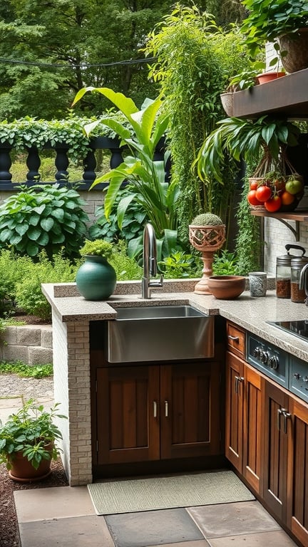 Garden-focused outdoor kitchen featuring a herb sink surrounded by lush greenery.