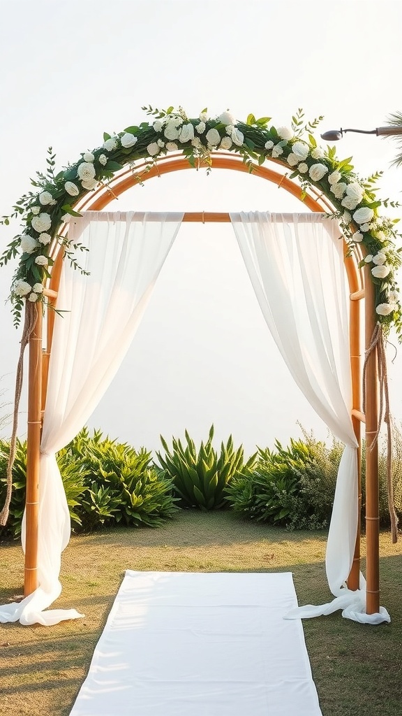 A minimalist bamboo arch adorned with white flowers and draped fabric, set in a garden.
