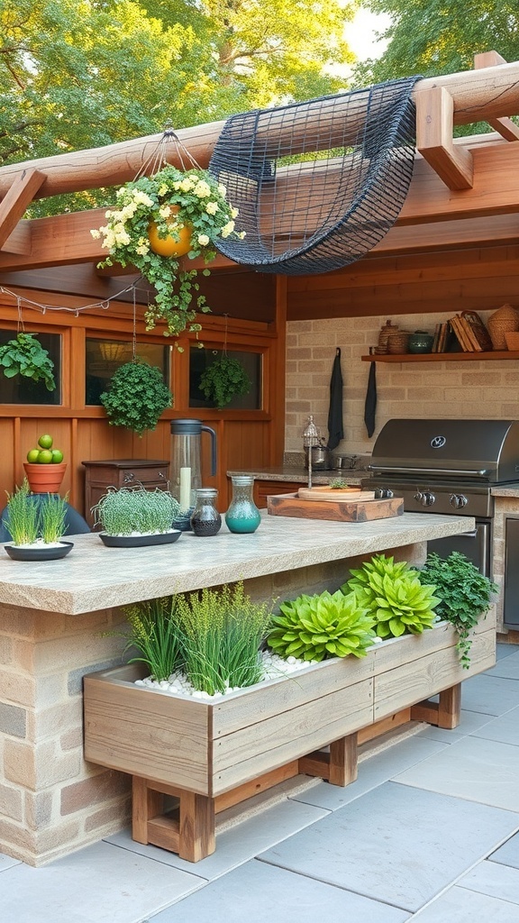 Rustic outdoor kitchen with herb garden planters filled with fresh herbs