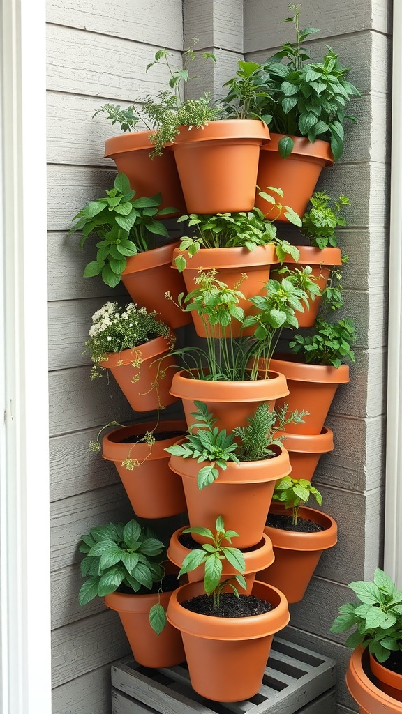 A vertical herb garden with terracotta pots stacked and filled with various herbs.