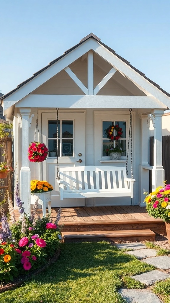 A white garden shed with a cozy porch and swing, surrounded by colorful flowers.