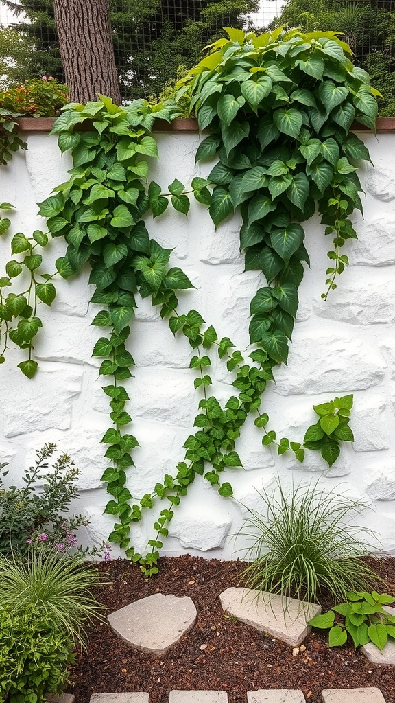 A white stone garden wall with lush green vines climbing over it, surrounded by plants and stones.