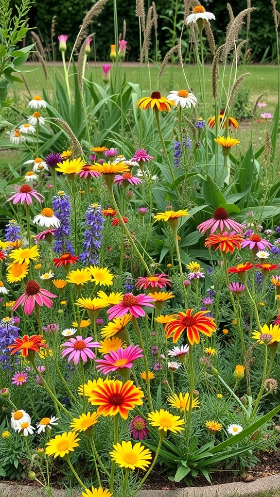 A colorful wildflower circle featuring daisies, echinacea, and other native blooms, attracting pollinators.