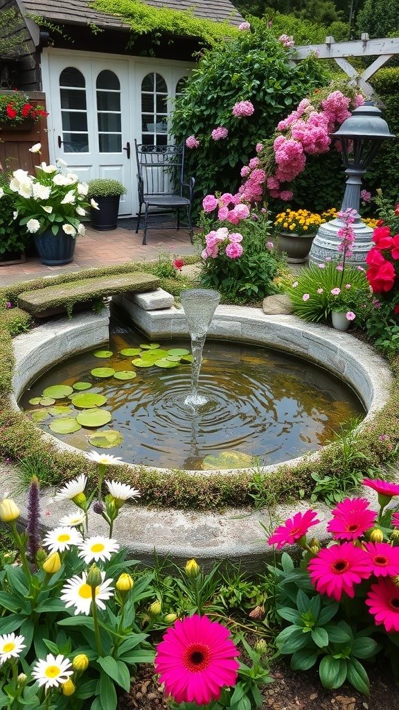 A beautiful cottage garden featuring a circular fountain surrounded by colorful flowers.