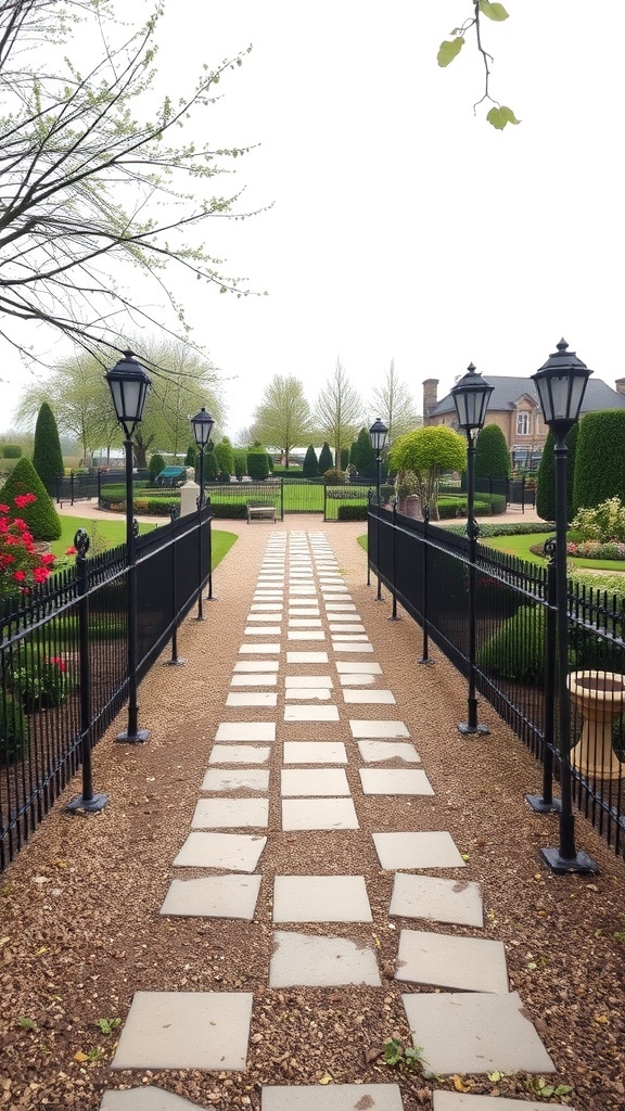 A pathway lined with black fences leading to a garden, featuring stone slabs and decorative lampposts.