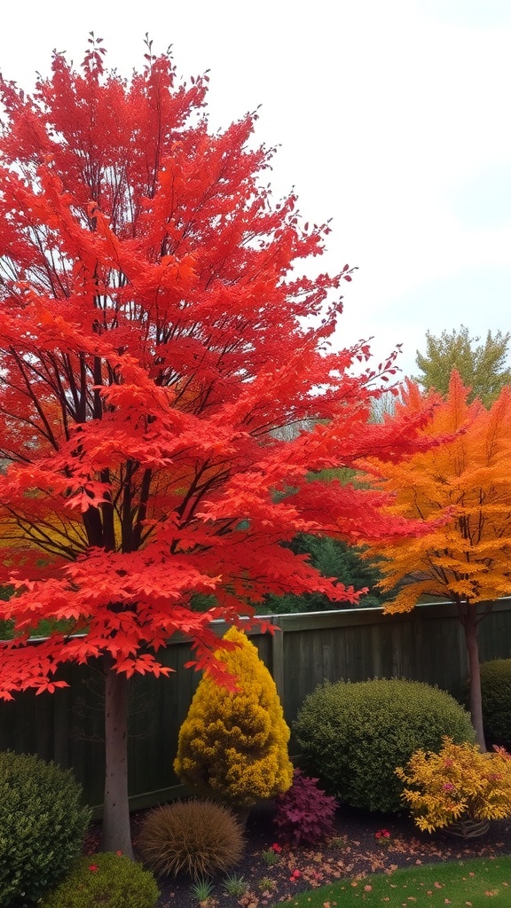 A garden with vibrant red and orange autumn trees, showcasing a colorful canopy.
