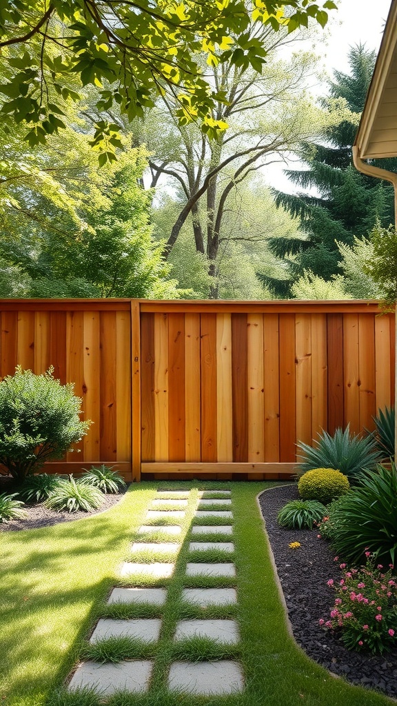 A beautiful cedar privacy fence in a garden with stepping stones and lush greenery.
