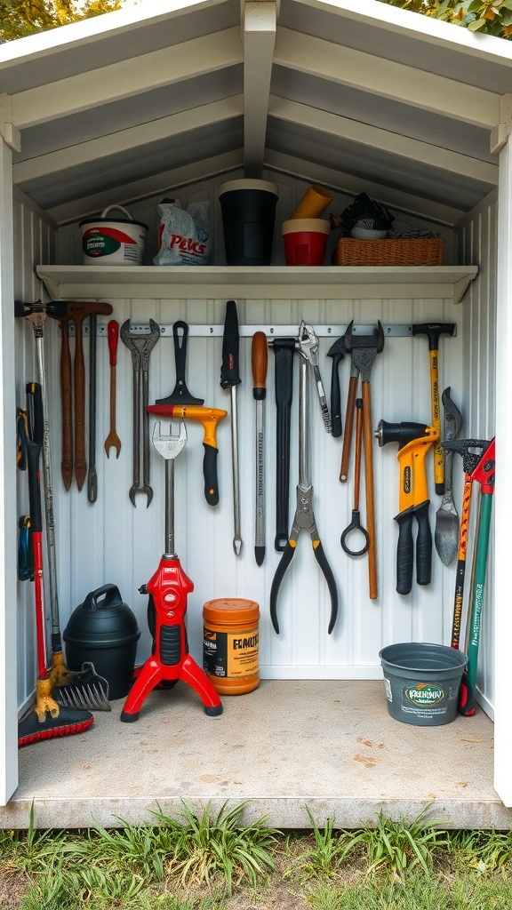 Interior of a white garden shed with tools and storage solutions