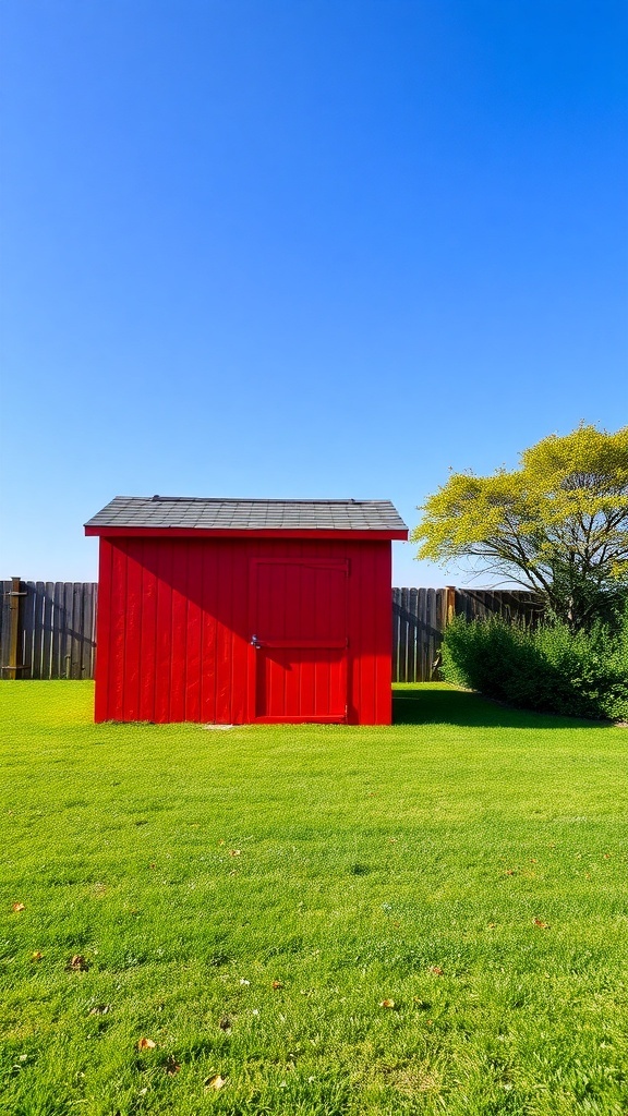 A bright red garden shed standing in a green lawn under a clear blue sky.