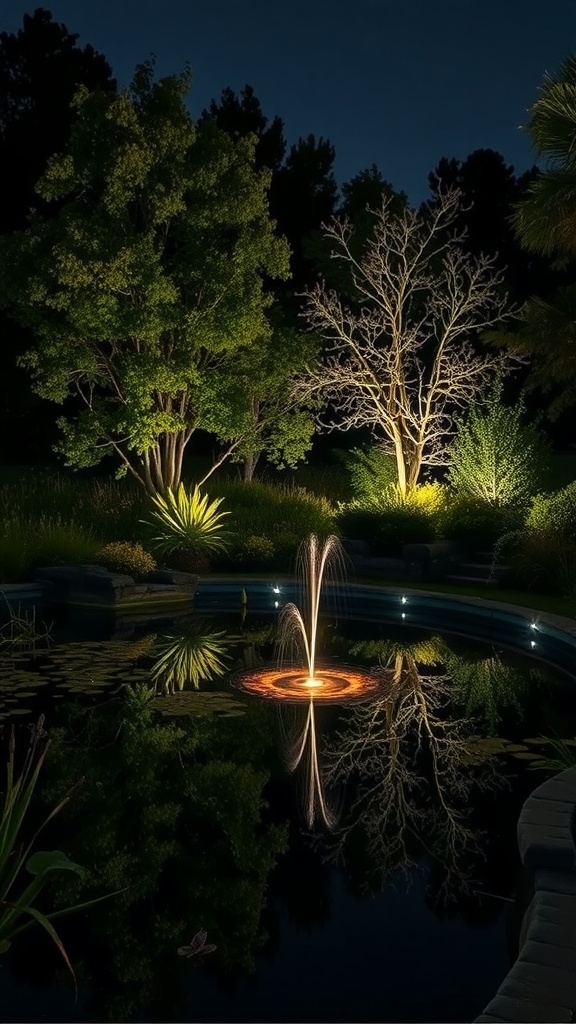 A nighttime view of a garden pond featuring a sculpture and soft lighting.