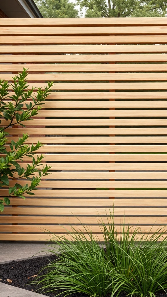 Modern horizontal slat fence with greenery in a front garden