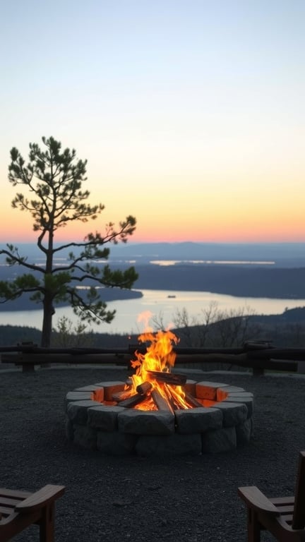 A rustic stone fire pit with flames, surrounded by wooden chairs and a scenic view of a lake and sunset.