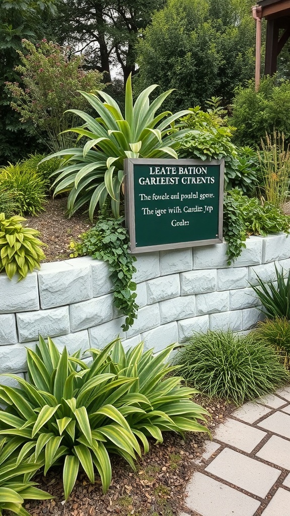 A white stone retaining wall surrounded by lush green plants and a sign.