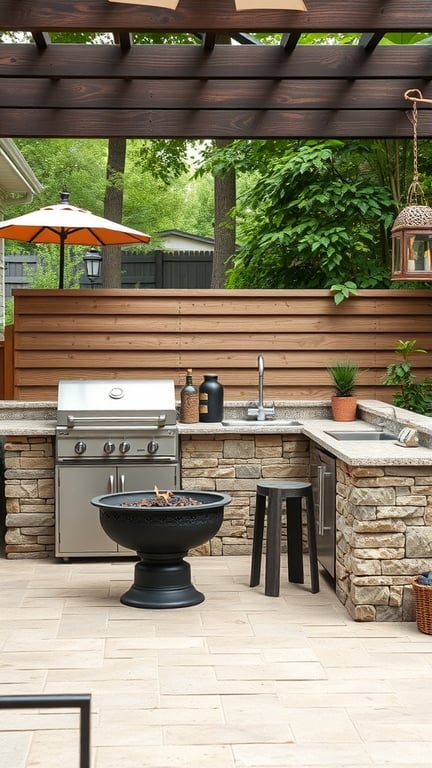 Outdoor kitchen featuring a grill, sink, fire pit, and stonework.