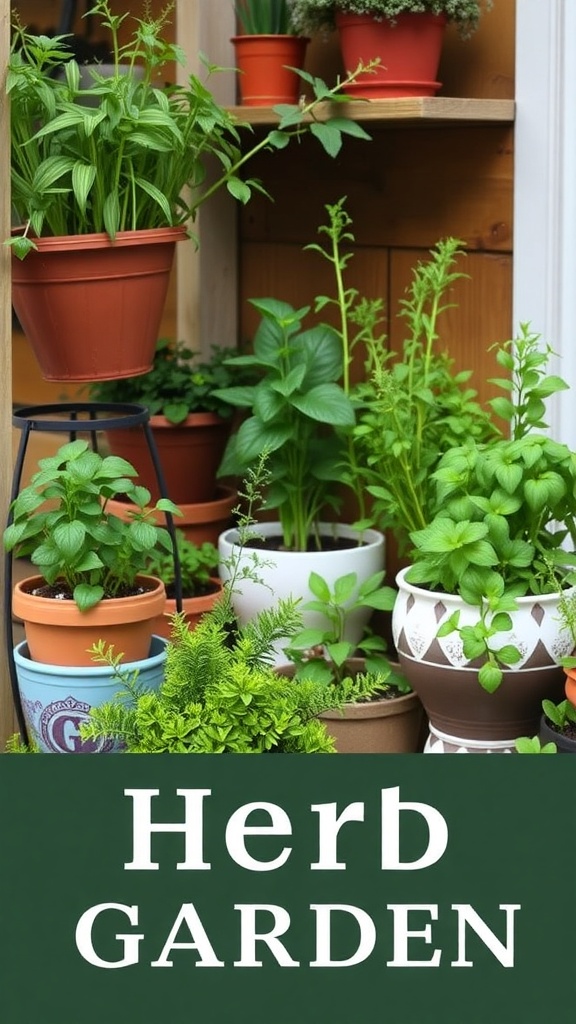 A collection of various herbs in colorful containers arranged on a shelf.