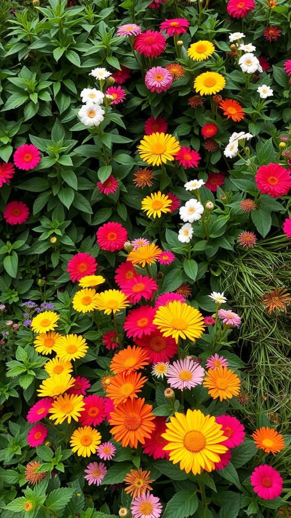 A vibrant cottage flower garden filled with colorful flowers and lush green foliage.