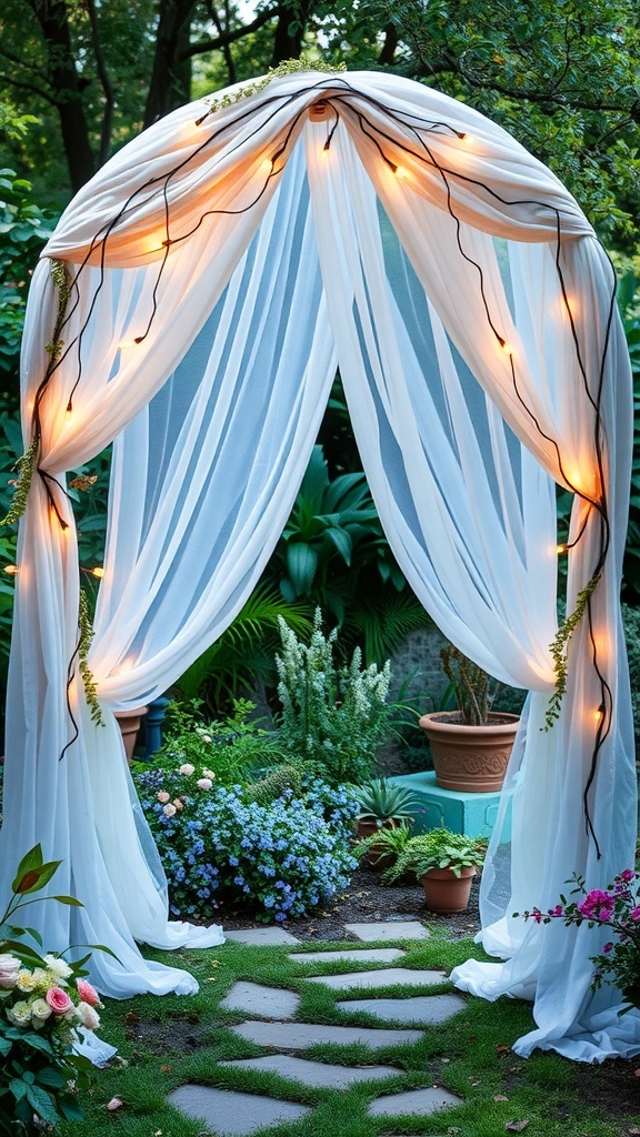 A whimsical garden arch with white drapes and twinkling lights, surrounded by colorful flowers.