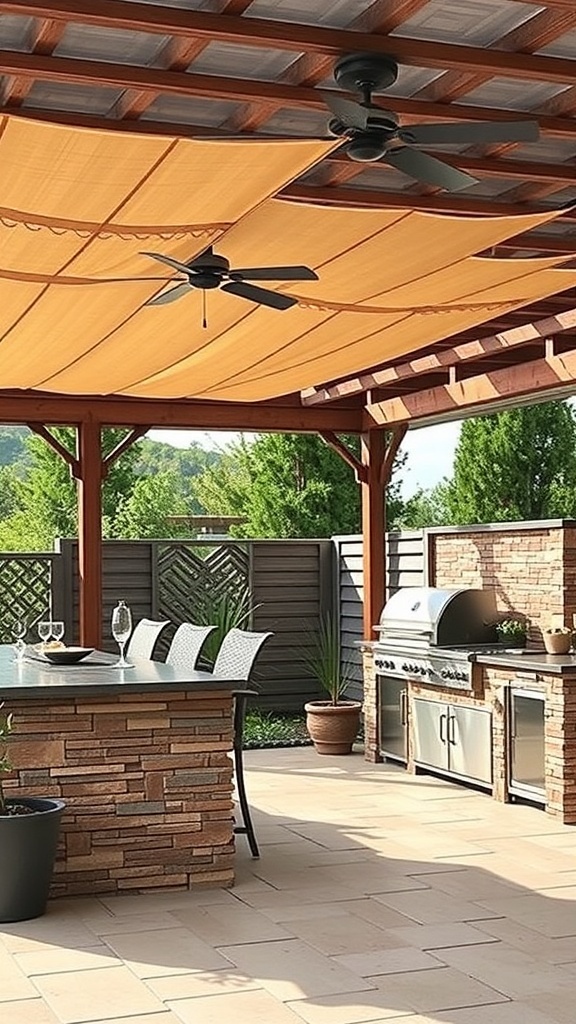 Outdoor kitchen with a pergola featuring a retractable canopy, stone bar, and grill.