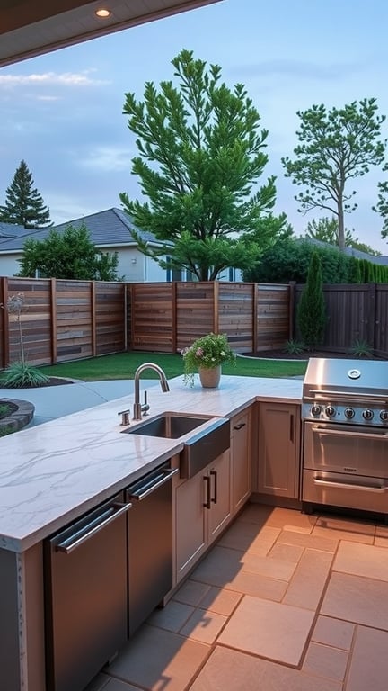 L-shaped outdoor kitchen with an integrated sink, modern grill, and beautiful landscaping.