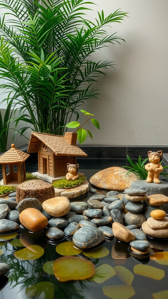 An indoor water garden featuring smooth stones, vibrant plants, and charming wooden decorations.