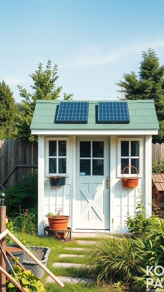 A quaint white garden shed with a green roof and solar panels, surrounded by greenery and flower pots.