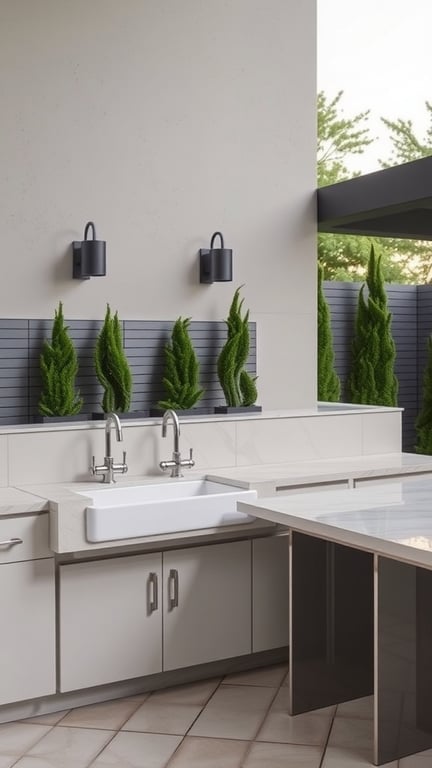 Modern outdoor kitchen featuring a wall-mounted sink, sleek cabinetry, and decorative plants.