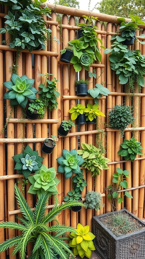 A bamboo fence with various potted plants attached, showcasing a vertical garden.