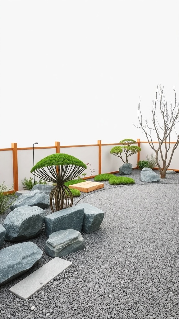 A serene zen garden featuring a rock fence, trimmed greenery, and a wooden boundary.
