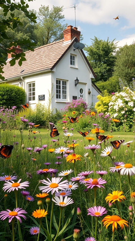 A picturesque cottage surrounded by a colorful wildflower meadow with butterflies.