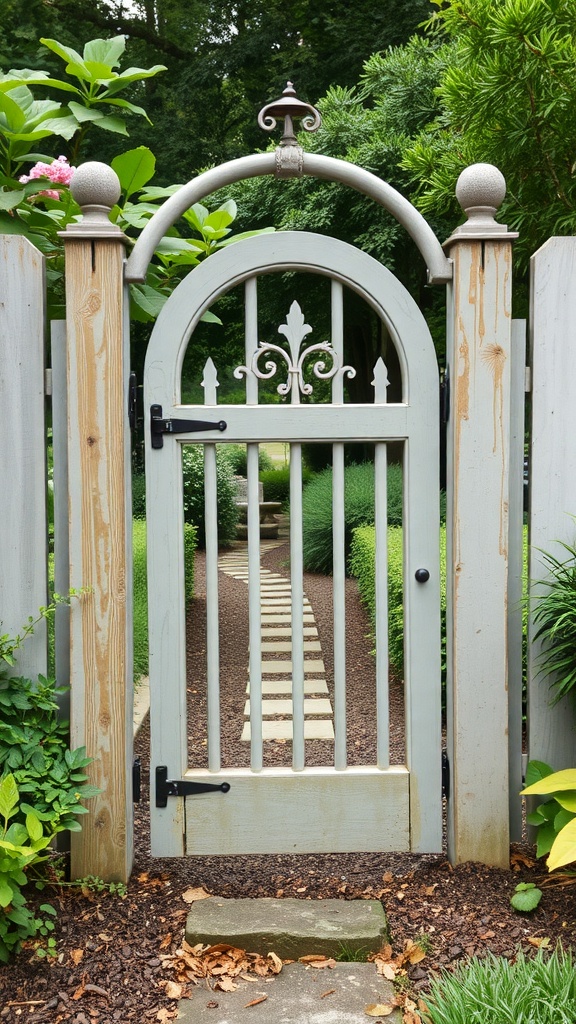 A charming gray garden gate with an arched top, leading to a landscaped garden.