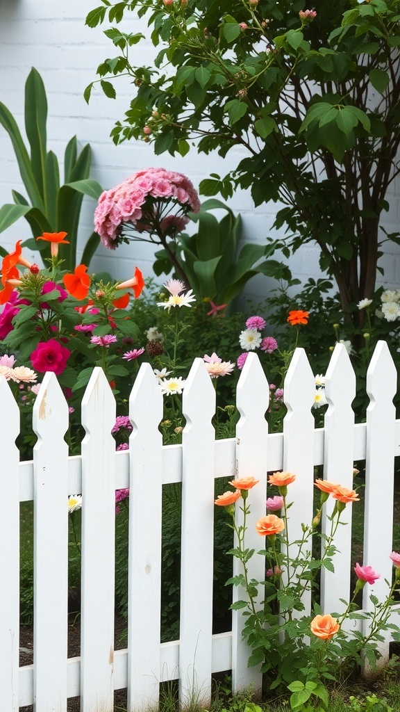 A white picket fence surrounded by colorful flowers in a garden.