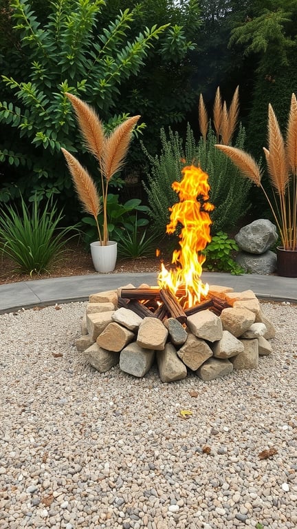 An eco-friendly fire pit made of natural stones surrounded by plants and gravel.