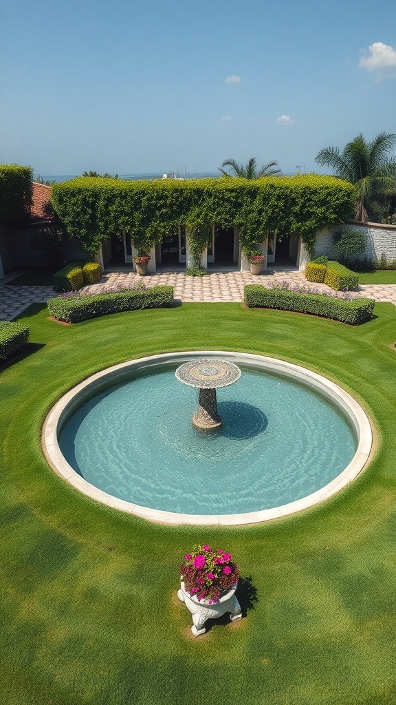 A circular lawn with a central water fountain surrounded by lush greenery and flower pots.