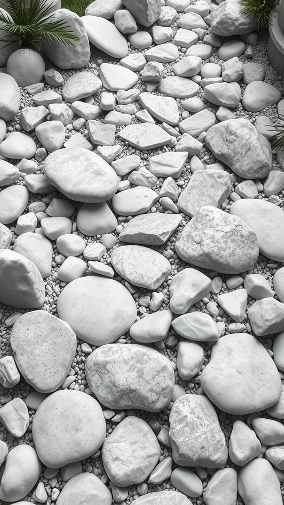 A zen garden featuring a variety of smooth white stones arranged in a calming pattern.