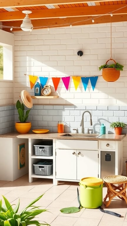 Bright and cheerful family-friendly outdoor kitchen with a kids' sink, colorful decor, and organized storage.