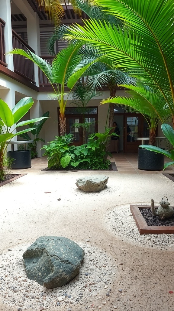 A tropical courtyard garden featuring palm trees, plants, sand, and stones.