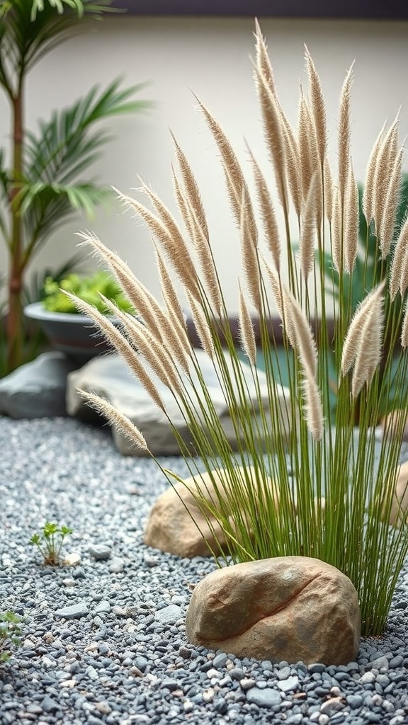 A serene Zen garden featuring ornamental grasses and smooth stones.