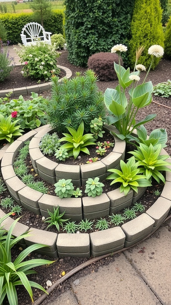 A multi-level circular plant bed with various plants arranged in layers, surrounded by a garden.