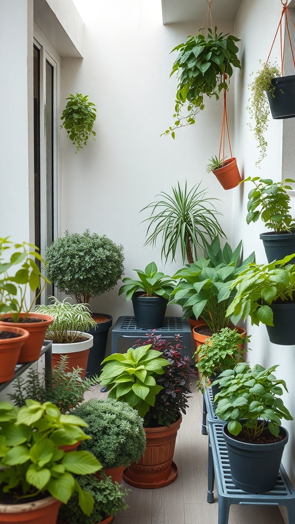 A small balcony filled with various potted plants, showcasing a cozy herb garden layout.