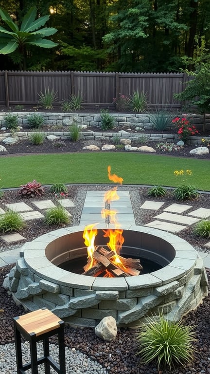 A rustic fire pit surrounded by landscaped garden with flames and stone pathways.