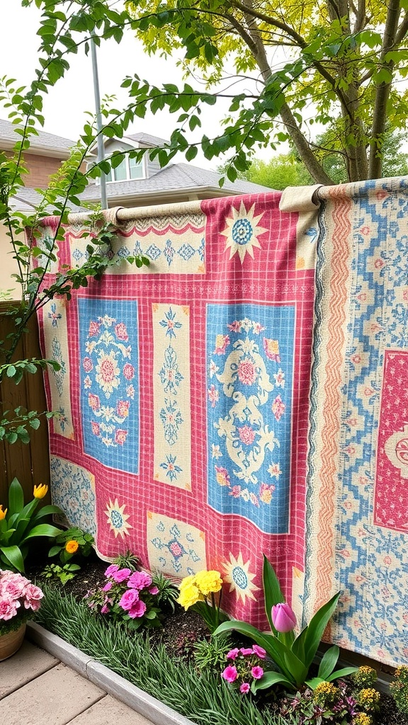 A colorful DIY fabric fence screen with flowers at the base