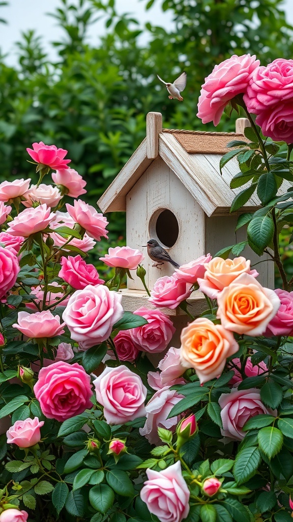 A birdhouse surrounded by blooming pink and orange roses in a garden.